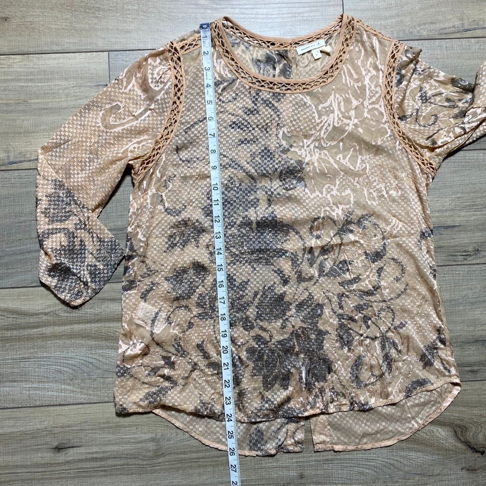 Meadow Rue Anthropologie Womens Floral Sheer Back Button Blouse S Peach Brown - Picture 3 of 8